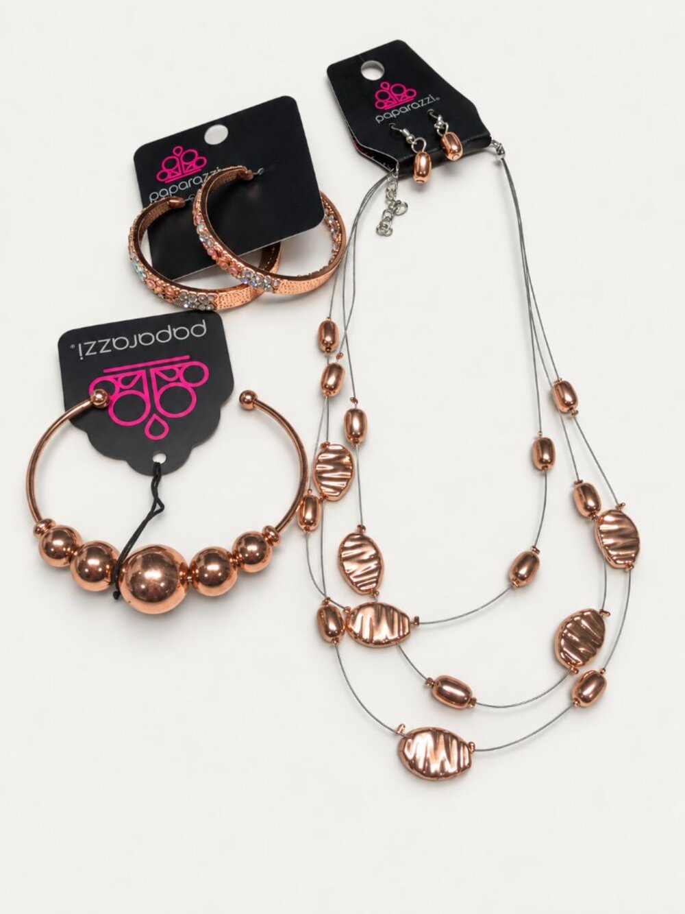 Paparazzi Rose Gold Tone Layered Necklace Set Hoop Earrings Cuff Bundle